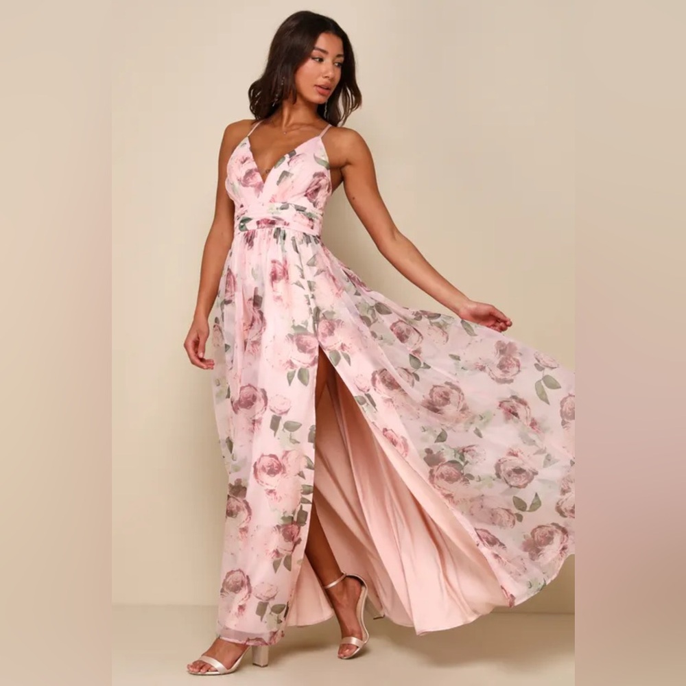 Lulus Romance That Wows Blush Floral Print Organza Maxi Dress-Size Medium